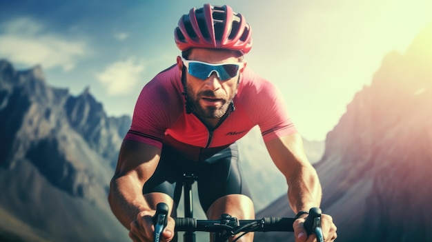 Мужчина-велосипедист, едущий по горной местности Экстремальное велоспорт Велоспорт