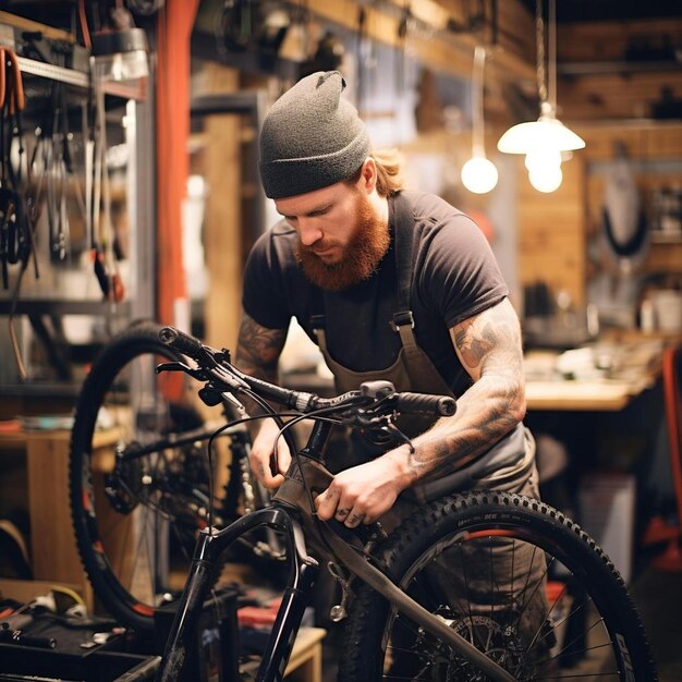 male bike shop mechanic repairing bicycle wheel in workshop