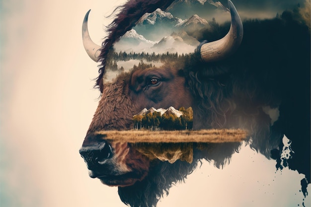 Male bison grazing on grassland with double exposure natural background