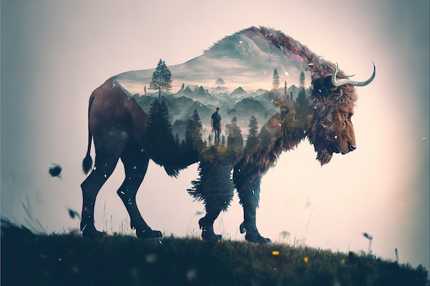 Male bison grazing on grassland with double exposure natural background