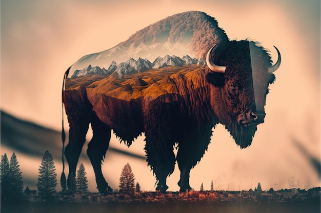 Male bison grazing on grassland with double exposure natural background