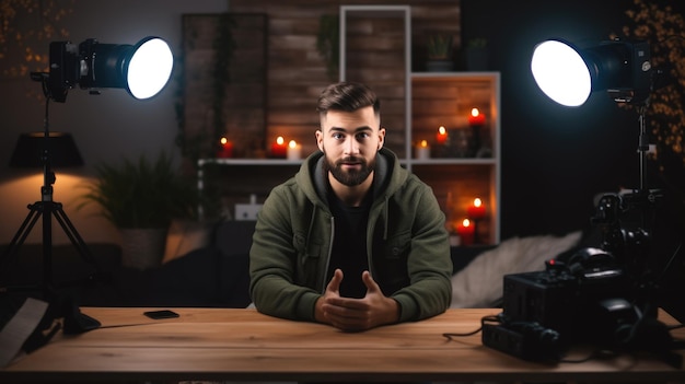 Male blogger recording a video