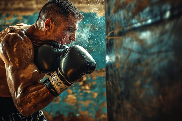 Foto boxe maschile in un sacco da boxe con un'illuminazione drammatica