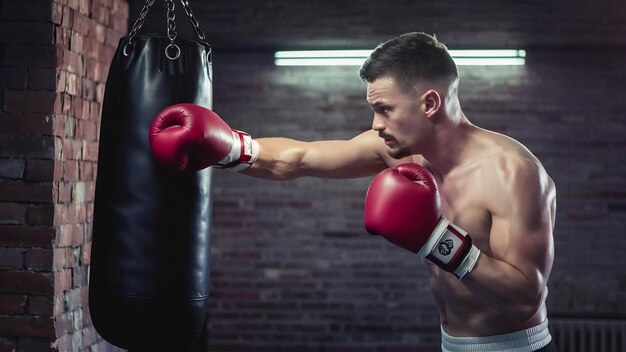 Male boxer boxing in punching bag