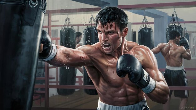 Male boxer boxing in punching bag