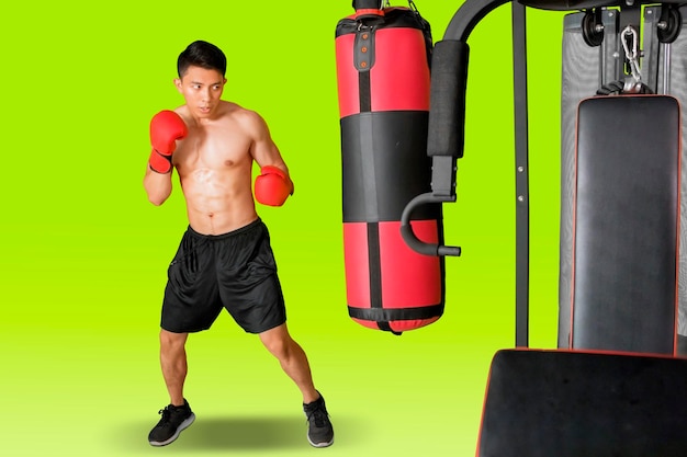 Male boxer exercising with punching bag on studio