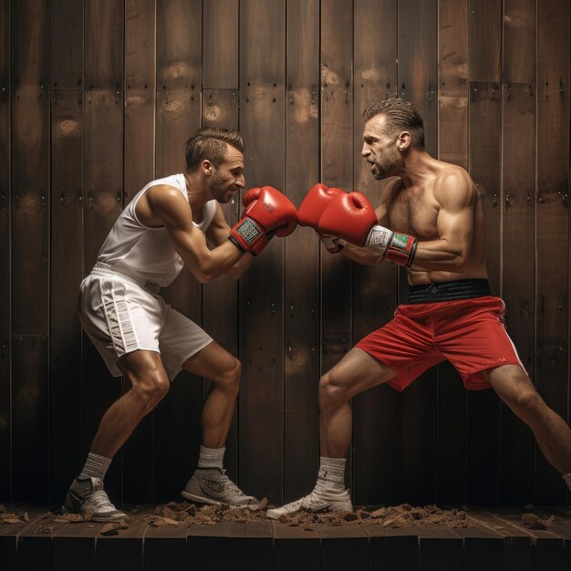 Male boxer punching bag in gym with boxing gloves Sport match Generative ai