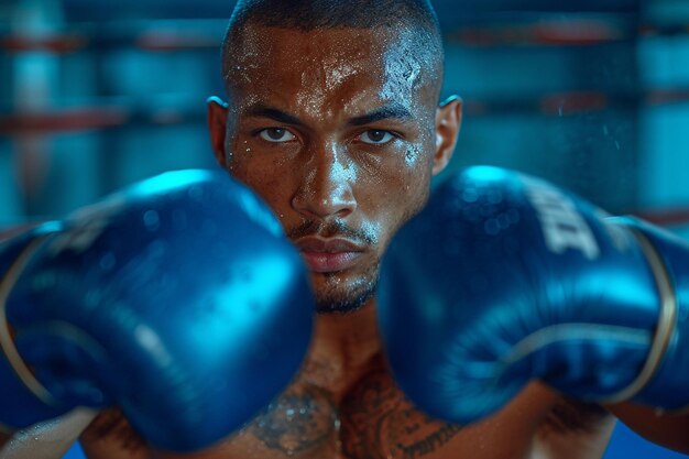 Male boxer training with protective gloves