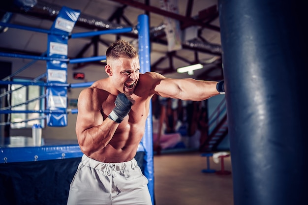 Male boxer training with punching bag in dark sports hall.