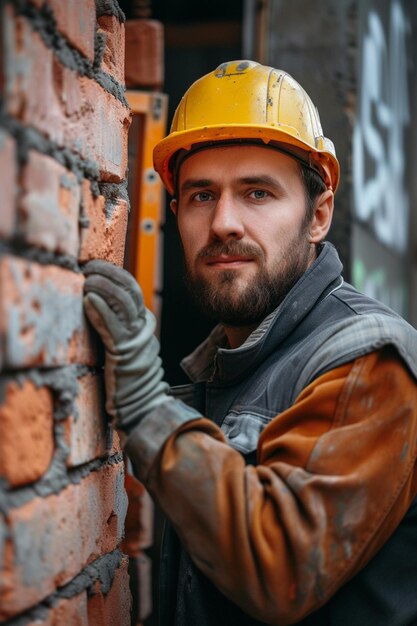 男性建築家がレンガの壁を建てる