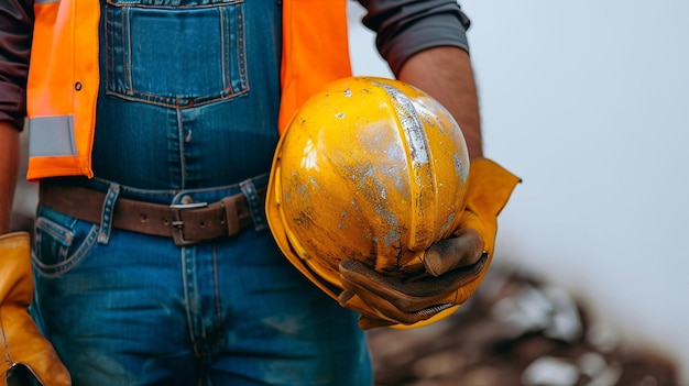 Photo male builder in uniform wearing jeans and gloves holding helmet in his hand