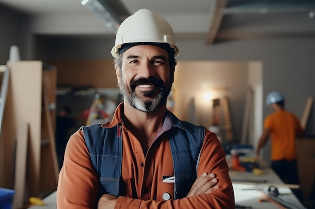 male building contractor worker wearing safety equipment helmet with cunstruction site background