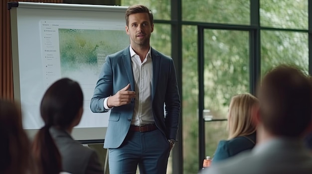 A Male business coach speaker in suit give flipchart presentation Training Generative Ai