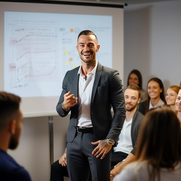 male business coach in a suit conducts a seminar Business speaker shows a presentation Advanced training for the company