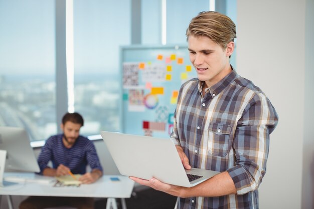 Male business executive using laptop