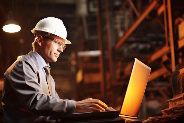 Photo male business professional using laptop at steel mill