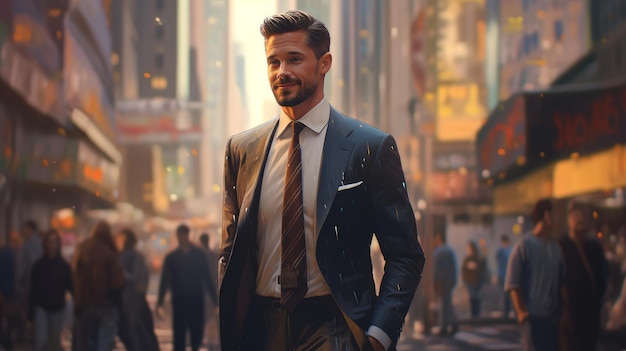 male businessman in the city among highrise buildings