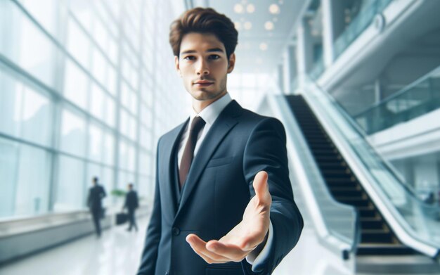 Male businessman extends his hand forward Extend your arms to invite business success