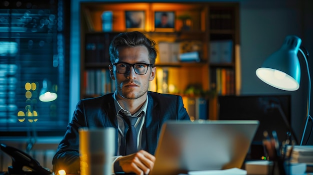 Male businessman sitting in front of a notebook In his office workspace at night staring forward