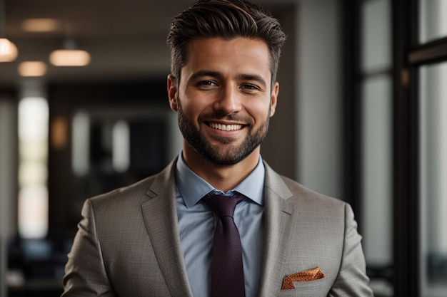 a male businessman standing smiley and proudly at work facing camera professional businessman dress