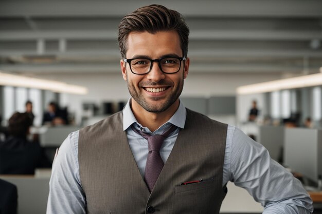 a male businessman standing smiley and proudly at work facing camera professional businessman dress