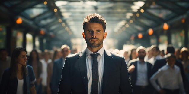 Photo male businessman in suit and tie on the street on a blurred background of people generative ai