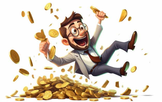 Male businessman with a lot of money around him on white background Cartoon style