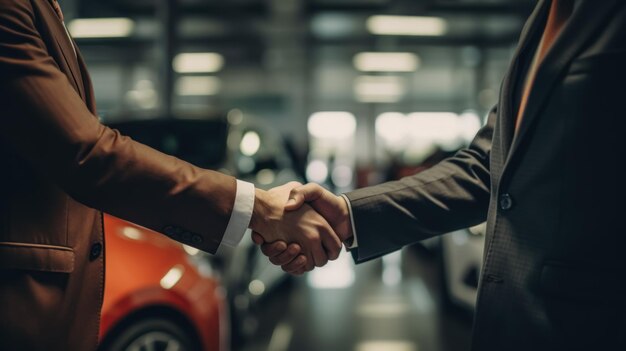 Photo male businessmen shake hands for work and agree on business integration and car trading successful negotiations businessmen shake hands in the background of a car showroom