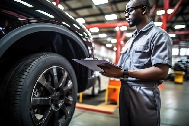 Photo male car mechanic of appearance rechecks mechanism of machines at service station at workplace