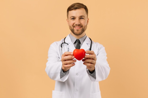 The male cardiologist doctor holding heart on beige background