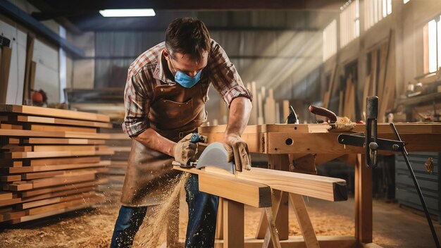 Male carpenter sawing wooden boards