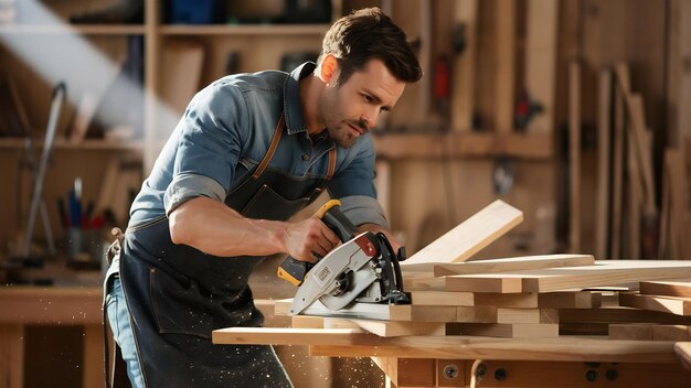 Male carpenter sawing wooden boards