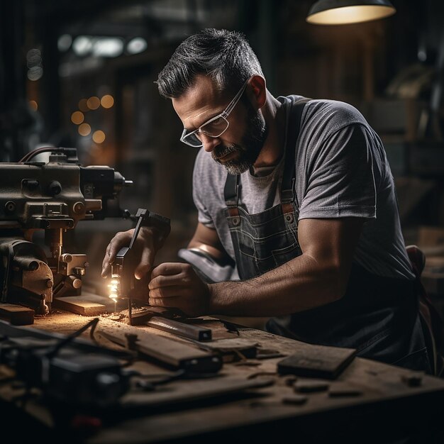 Male Carpenter Using Woodworking Tools