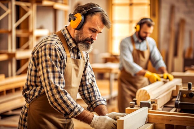 male carpenter working wooden machine workshop