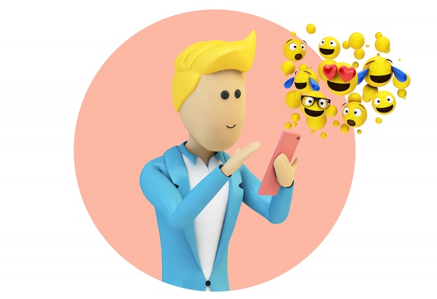 Male cartoon businessman character sending emojis