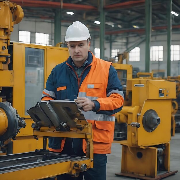 Male caucasian professional engineer examine checking machinery system progress of work flow and res