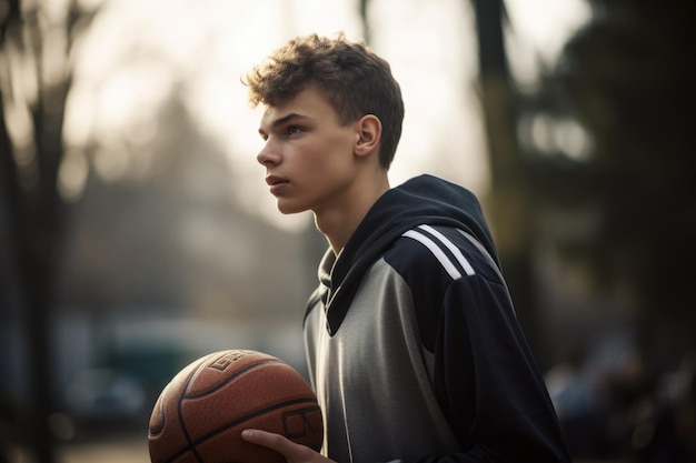 Male Caucasian teenager playing basketball driveway activity Generative AI AIG23