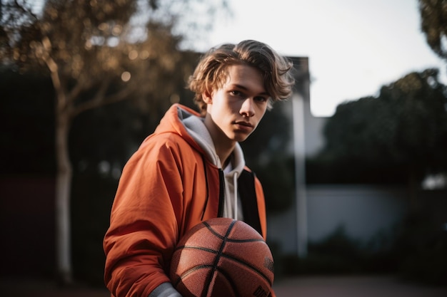 Photo male caucasian teenager playing basketball driveway activity generative ai aig23