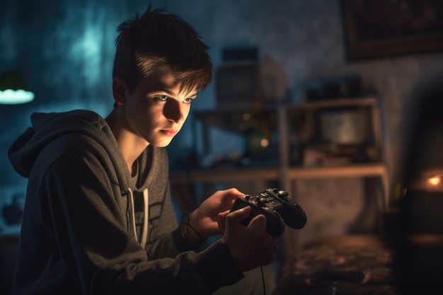 Кавказский подросток, мужчина, играющий в видеоигры в темном подвале Генеративный ИИ AIG23