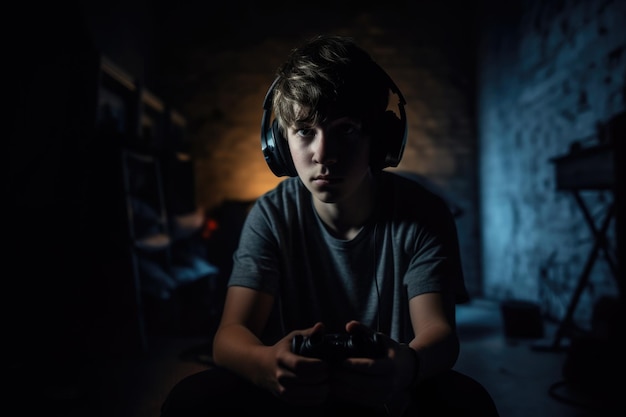 Male Caucasian teenager playing video games basement dark Generative AI AIG23