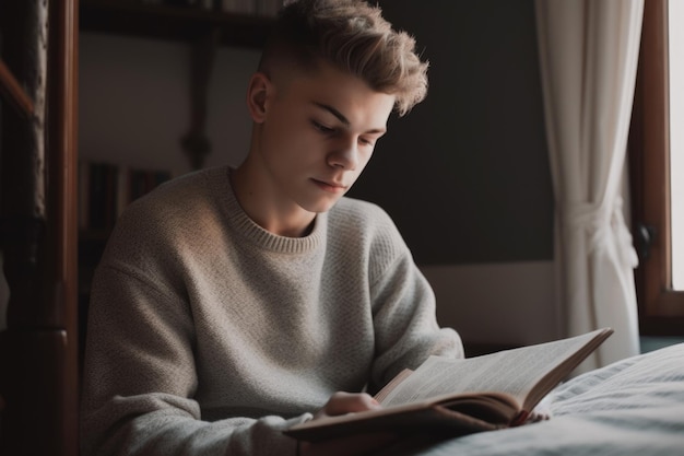 Male Caucasian teenager reading books in bedroom casual relaxing Generative AI AIG23