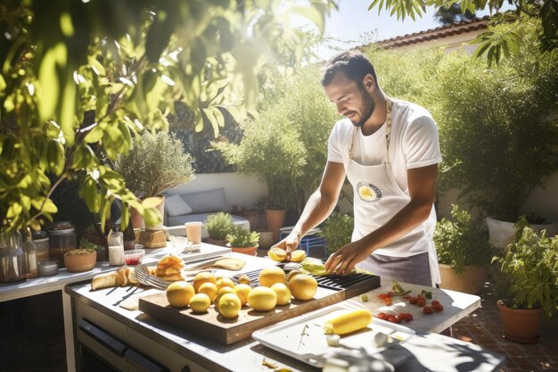 Foto giovane adulto maschio caucasico che cucina fornello da cucina all'aperto generativo ai aig23