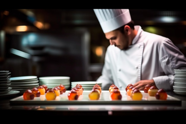Male chef cooking and finishing the dessert in a restaurant or hotel kitchen