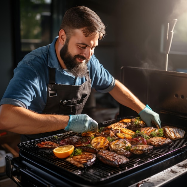 Photo a male chef cooking and grilling fish in highres stock photography