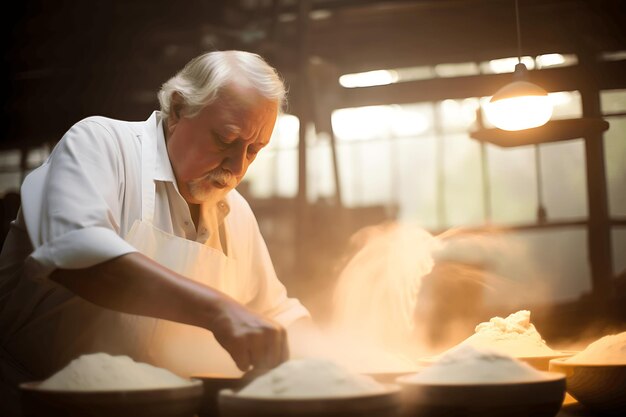 Foto un cuoco maschio che cucina in cucina