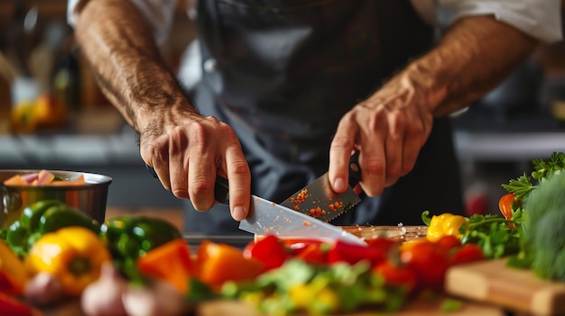 Photo male chef cutting vegetables on a wooden board he is using a sharp knife to cut the vegetables into small pieces