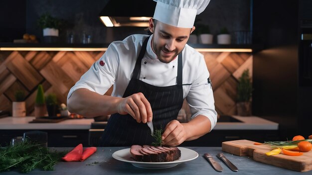 Photo male chef decorates with herbs roasted meat slices in a plate kitchen on background