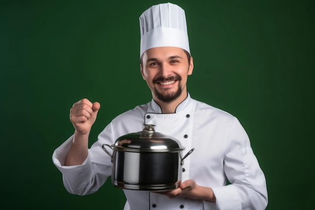 Male chef holding cooking pot Smiling happy head cook posing in white working uniform Generate ai