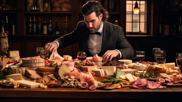 male chef in the kitchen with a variety of different types of cheeses