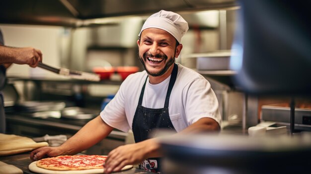 Foto lo chef maschio prepara la pizza in un ristorante